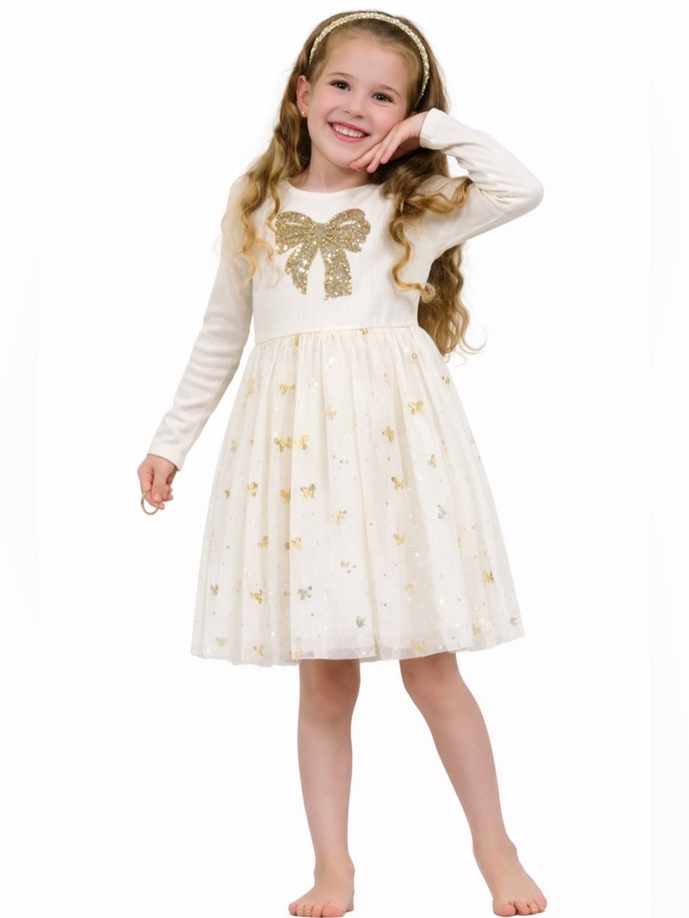 Zunie • NWT Girls Ivory Tulle Dress with Gold Sequin Bow